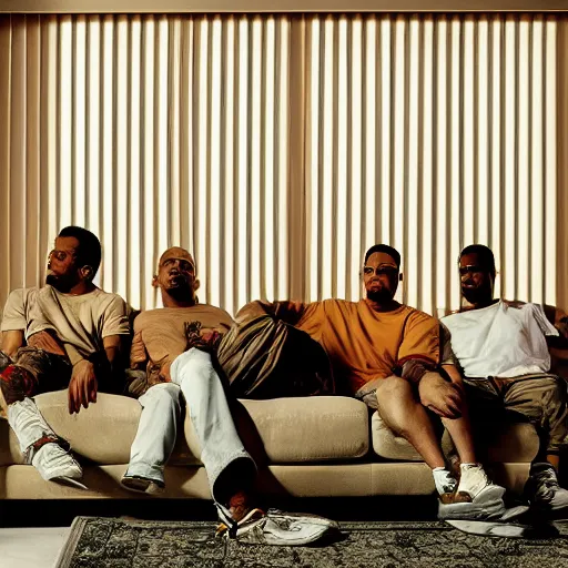 Prompt: gang members chilling around dirty couch in a beige room thick atmospheric dust sun barely shines through the blinds jonathan zawada style photography