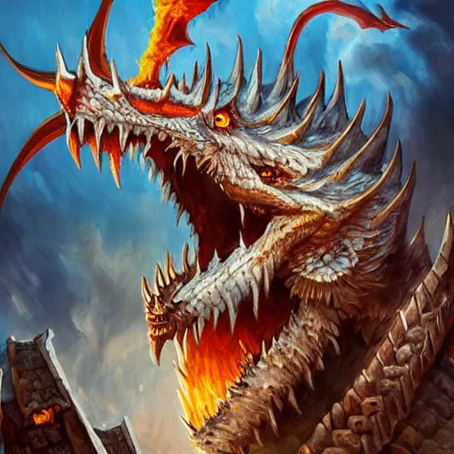 Image similar to the head of an evil white dragon attacking a village, by Tony Sart, detailed, realistic, masterpiece, symmetrical