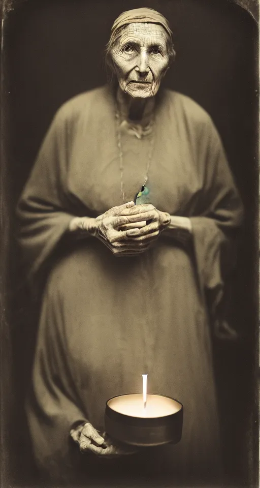 Image similar to a wet plate photograph, a portrait of a wise old woman holding a lit incense candle