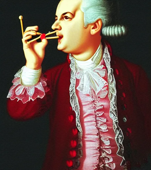 Prompt: Amadeus Mozart drinking a strawberry milkshake, the straw is in his mouth, digital art