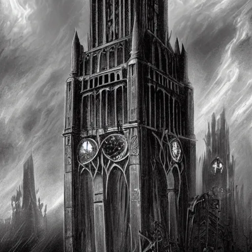 Image similar to an ultra detailed black and white tarot card of a lonely and impossibly tall ominous gothic dark citadel tower of the evil patriarch, in the style of magic the gathering, in a river elevated high above the city, gaslight fantasy capital city, ultrawide lense, aerial photography, scary thunderstorm, exquisite detail, 8 k, art by greg rutkowski and alphonse mucha