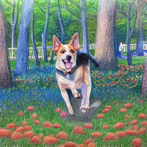 Prompt: Colored pencil art on paper, Dog playing in park, highly detailed, artstation, MasterPiece, Award-Winning, Caran d'Ache Luminance