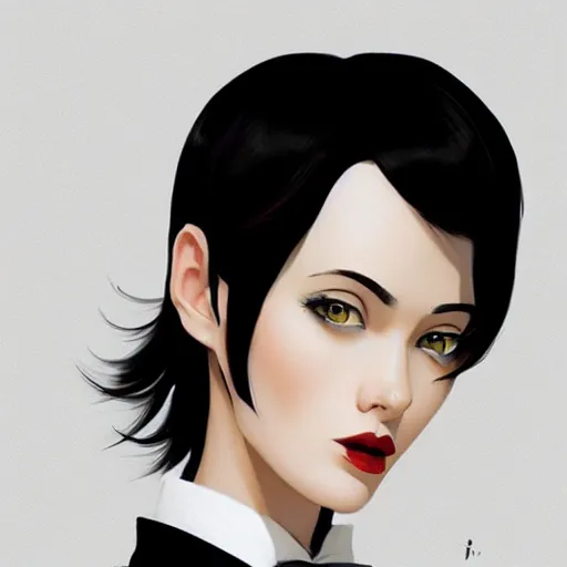 Prompt: slim girl in tuxedo with short black hair, elegant, 2d, ultra highly detailed, digital painting, smooth, sharp focus, artstation, art by Ilya Kuvshinov