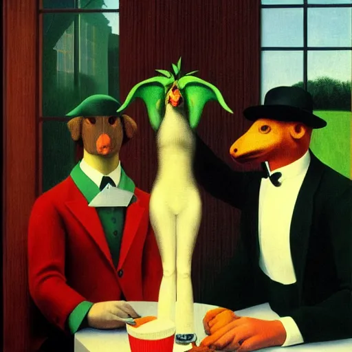 Image similar to an exciting party-animal by Raphael, Hopper, and Rene Magritte. detailed, romantic, enchanting, trending on artstation.