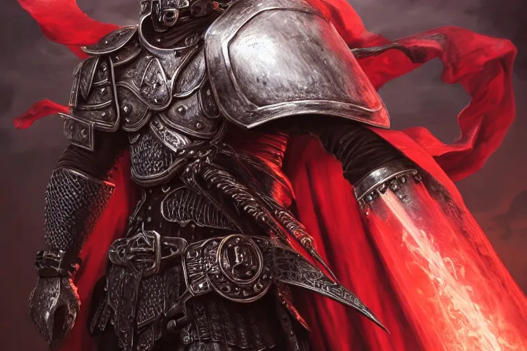 Prompt: ultrarealistic massive giant tifa iron knight with red cape, giant metal helm bladed iron mantle black etched iron armor, bone wastes, fantasy character portrait, octane render, extreme intricate metal details, cinematic lighting, volumetric lighting, ultra wide angle, artstation, dnd art, cgsociety, sharp focus, digital painting by artgerm, gerald brom, wlop