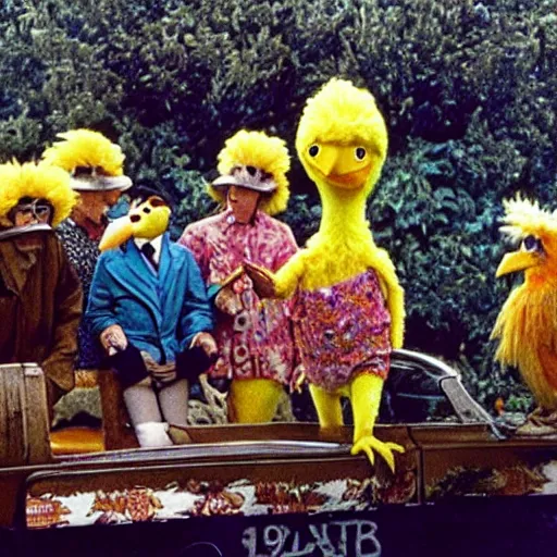 Prompt: a film still of big bird in birds ( 1 9 6 3 ) technicolor