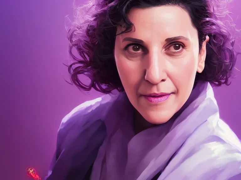 Prompt: portrait of elaine benes from seinfeld, rule of thirds, violet gradient, photorealistic facial features, league of legends splash art, by chengwei pan, huang guangjian, viktoria gavrilenko, artgerm, greg rutkowski, 8 k, octane, digital painting, artstation