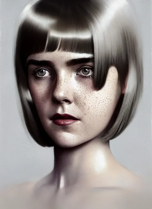 Image similar to portrait of kiernan shipka with freckles, white hair, 1 9 6 0 s bob hairstyle, hairstyle with bangs, 1 9 6 0 s bob hair with bangs and hairband, intricate, elegant, glowing lights, highly detailed, digital painting, artstation, concept art, smooth, sharp focus, illustration, art by wlop, mars ravelo and greg rutkowski