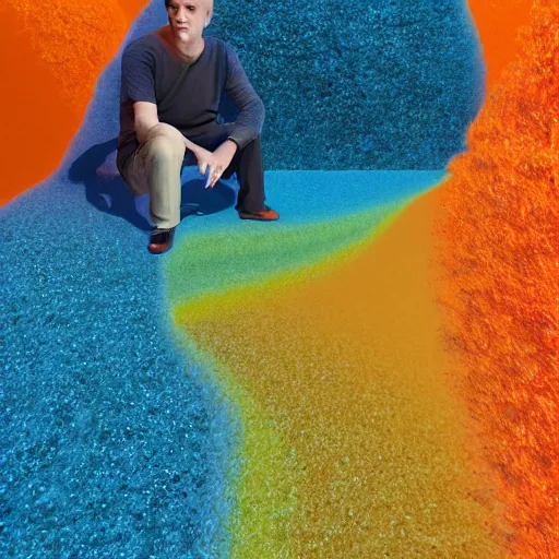 Image similar to Mark Zuckenberg by Lynda Benglis, octane render, transparent, zoomed out, orange backgorund, pastel colours, 4k, 8k, pleasent composition