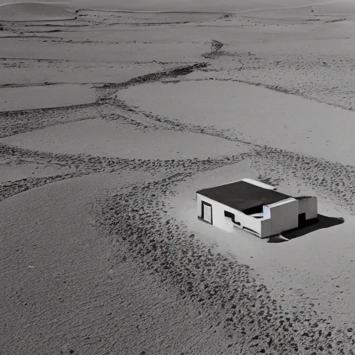 Image similar to A house designed by Miles Van Der Rohe in the middle of the sahara desert. Aerial View. Film Grain, Full color. Brown hue. Fujifilm.