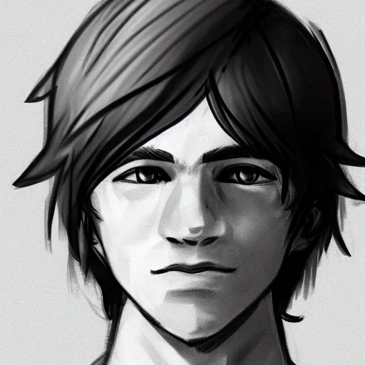 Image similar to sketch of a teenage boy with very short side part hair smiling trending on artstation