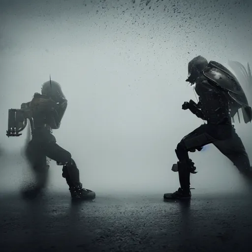 Prompt: 2 warriors in de exoskeletons battling each other in heavy rain, ground fog, moody lighting, 8 k, lightning, shallow depth of field, cinematic lighting,