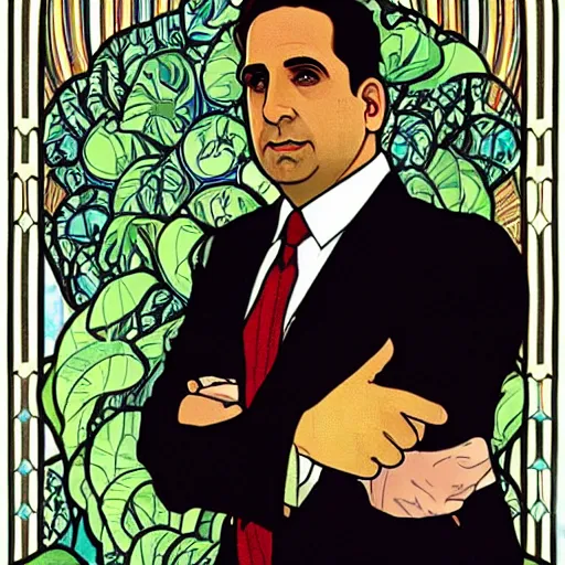 Prompt: a detailed animated portrait of Michael Scott from The office, wearing pijamas, by Alphonse Mucha