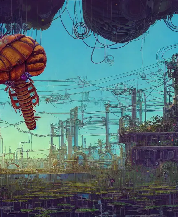 Image similar to inflated industrial plant made from isopod lobster octopus, in the style of puffy spaceship, overgrown with orchids, partly cloudy, spooky, dramatic lighting, by geof darrow, bill sienkiewicz, dan mumford, yusuke murata, makoto shinkai, ross tran, cinematic, unreal engine, cel shaded, featured on artstation, pixiv
