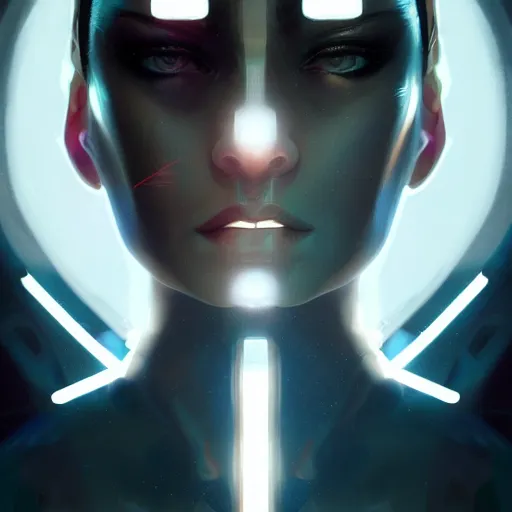 Image similar to avatar portrait of a cyberpunk art deco girl with a vectot grid of light falling on her face, sci-fi, intricate lighting, elegant noir, highly detailed, digital painting, studio portrait, artstation, sharp focus, photo by artgerm and greg rutkowski and Charlie Bowater