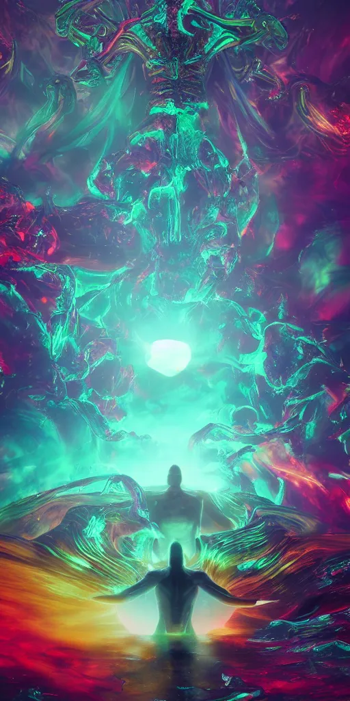 Image similar to impossibly beautiful alien god blots out the sun and unleashes an army of demons on the world, planetary scale, intricate complexity, horror, rainbow drip paint, trending on art station, photoreal, 8k, octane render