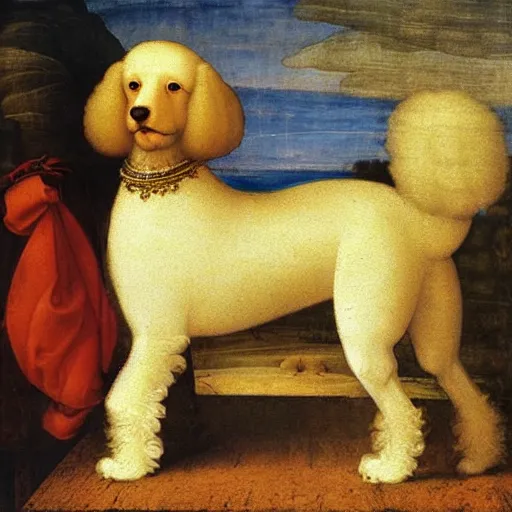 Image similar to portrait of a white poodle as an italian queen, painting by leonardo da vinci