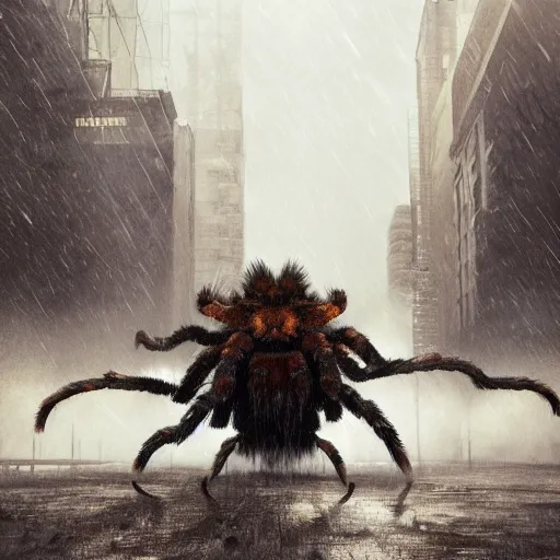 Prompt: A colossal tarantula walking in the rain, cinematic lighting, dramatic atmosphere, by Dustin Nguyen, Akihiko Yoshida, Greg Tocchini, Greg Rutkowski, Cliff Chiang, 4k resolution, trending on artstation,1900s