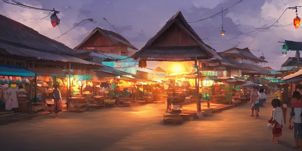 Prompt: shops at pulau indah fishing village, early morning, detailed matte painting, low angle view, telephoto lens, bokeh, studio ghibli, artstation