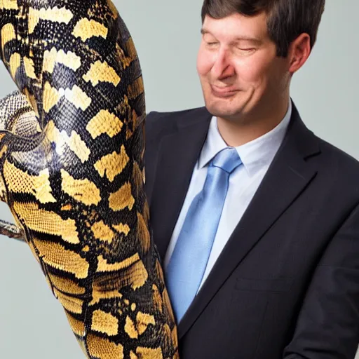 Image similar to A man with the head of a python in a business suit