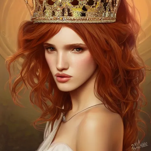 Image similar to ultra realistic illustration, bella thorne wearing princess crown, intricate, elegant, highly detailed, digital painting, artstation, concept art, smooth, sharp focus, illustration, art by artgerm and greg rutkowski and alphonse mucha