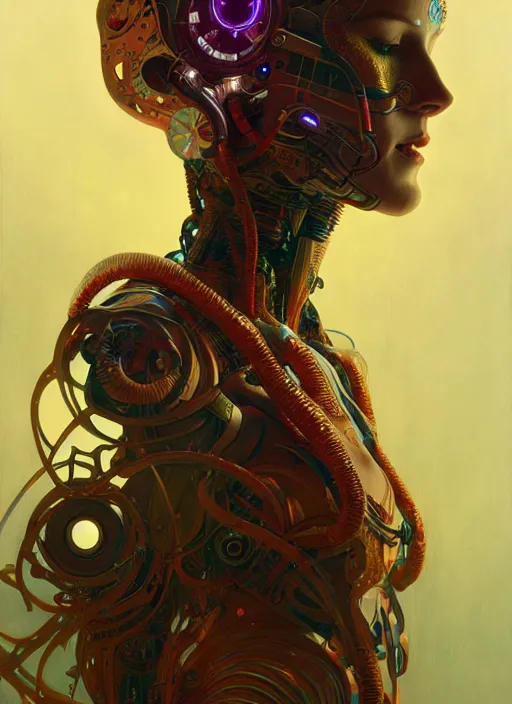 Prompt: psychedelic cyborg, diffuse lighting, fantasy, intricate, elegant, highly detailed, lifelike, photorealistic, digital painting, artstation, illustration, concept art, smooth, sharp focus, art by John Collier and Albert Aublet and Krenz Cushart and Artem Demura and Alphonse Mucha