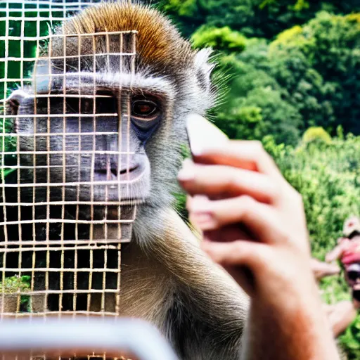 Prompt: A high-quality photo of a monkey taking a selfie in front of a cage full of people on a sunny day