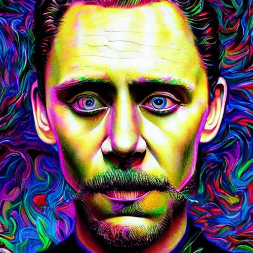 Image similar to portrait of tom hiddleston, hyper detailed masterpiece, neon floral pattern, jean giraud, digital art painting, darkwave goth aesthetic, psychedelic, artgerm, donato giancola and tom bagshaw