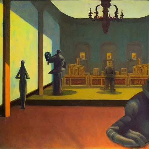 Prompt: apocalyptic scene, prayer, occult, refugees, mosque synagogue interior, gas masks, geometric art, patina, Edward Hopper, PJ Crook