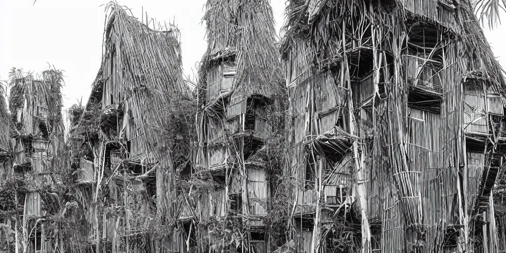 Prompt: long and tall organic houses, village, jungle, black and white, year 1 9 0 0, artstation, digital art