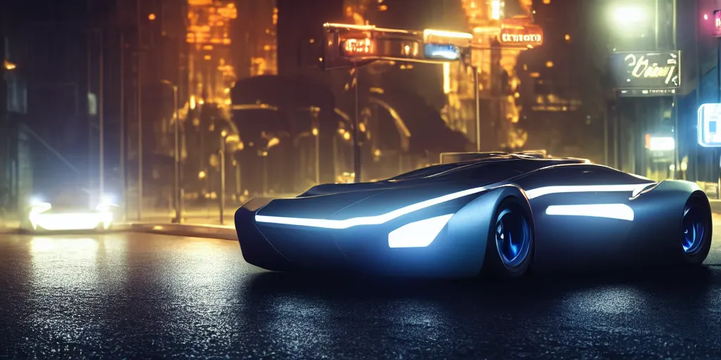 Prompt: cinematic movie scene, beautiful Product shot film still of a Syd Mead futuristic modern sleek automobile with bright headlights on a wet street at night in cyperpunk city, motion, hard surface modeling, volumetric soft lighting, style of Stanley Kubrick cinematography, 8k H 768