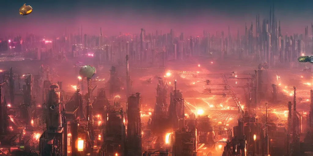 Image similar to big futuristic city like coruscant, with a yellow green smog sky, cinematic lighting, power plants with smoke, factories, tall metal towers, flying metal orbs with red lights, flying vehicles, a big moon in the sky, one blimp in the distance, hd 4k photo