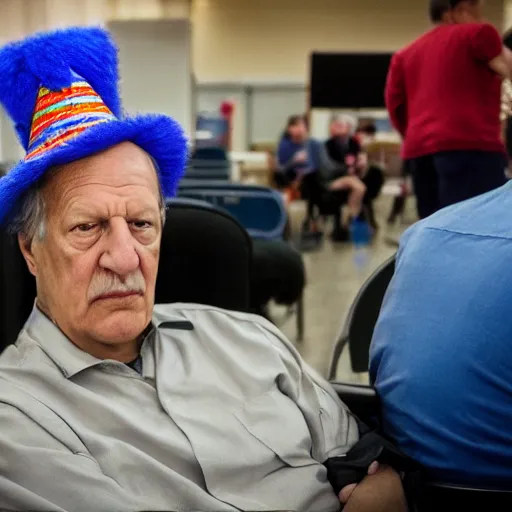 Image similar to wide angle portrait of werner herzog sitting alone in the waiting area of the dmv wearing a birthday party hat. wide shot, ansel adams, award winning, hyperrealistic, grand budapest hotel, studio lighting, very detailed face, chiaroscuro, film noir