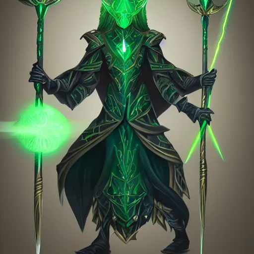 Image similar to illustration of a dark magician wielding an oversized magical staff with green eyes, intricate, elegant, highly detailed, centered, digital painting, artstation, concept art, smooth, sharp focus