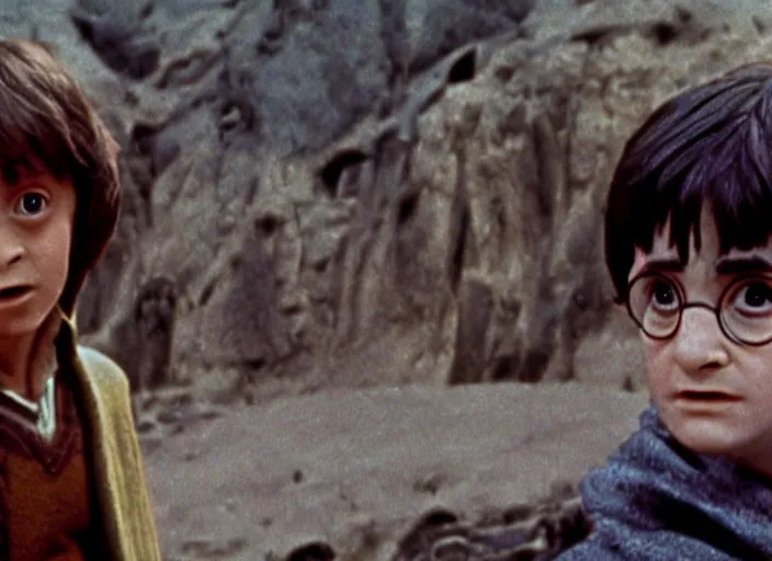 Prompt: a film still of harry potter in jawa ( 1 9 7 5 )