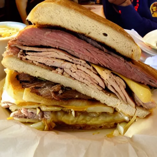Image similar to largest cuban sandwich in the world, paseo, pork, grilled onions