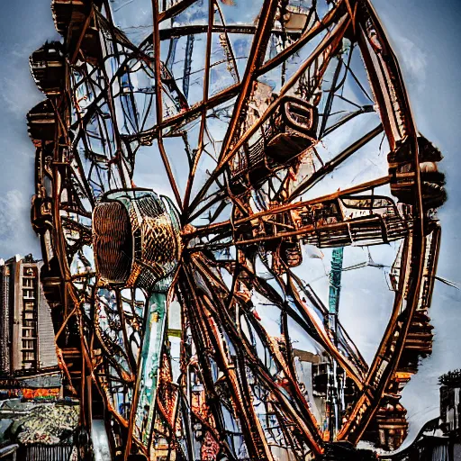 Image similar to an old abandoned rusty ferris wheel, in a town filled with pale yellow mist. Dystopian. Award-winning colored photo. OM system 12–40mm PRO II 40mm, 1/100 sec, f/2 8, ISO 800