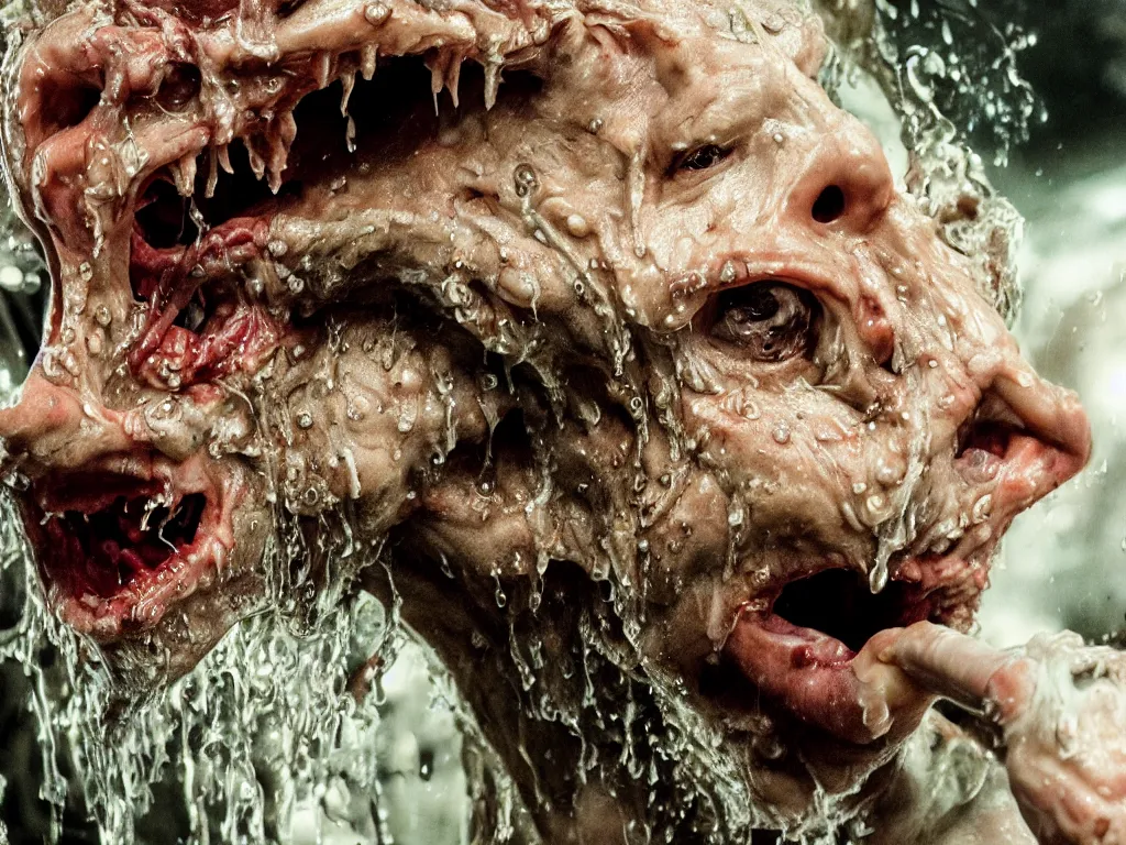 Image similar to wet slimy fleshy demon crawling out of man's mouth, body horror, Cronenberg, Rick Baker, dramatic film still, daylight, photo real, Eastman EXR 50D 5245/7245, close-up action first-person perspective