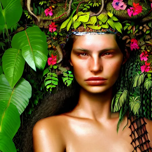 Image similar to photographic portrait of a stunningly beautiful amazonian tribal female face in amongst the jungle foliage, leaves, flowers, vines, contemporary fashion shoot, by edward robert hughes, annie leibovitz and steve mccurry, david lazar, jimmy nelsson, breathtaking, 8 k resolution, extremely detailed, beautiful, establishing shot, artistic, hyperrealistic, beautiful face, octane render