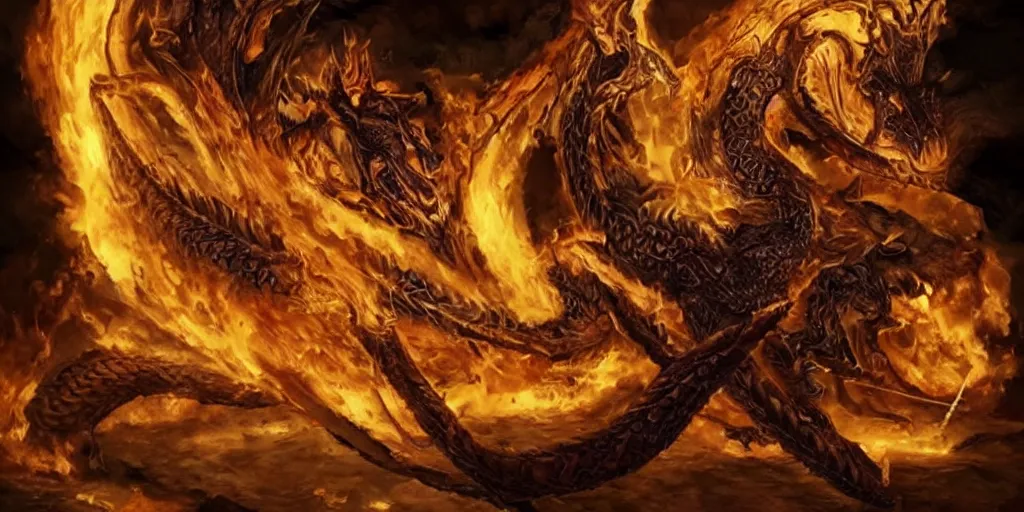 Prompt: a legendary longsword engulfed in spiral of flames, its handle is made out of dragon skin,