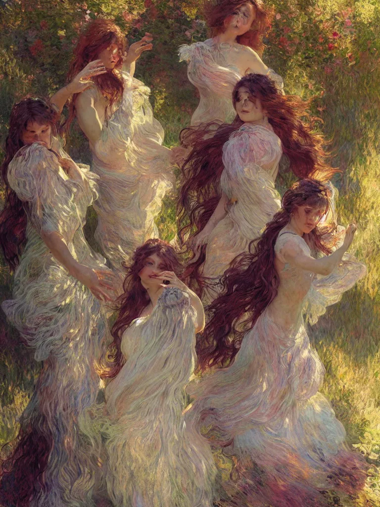 Prompt: illustration studio portrait of three beautiful seraphim female energy in artistic poses dancing in nature, monet painterly motives and textures pattern, hyper detailed, octane render, vivid colors, artstation, by jeremy mann, by alphonse mucha, by monet