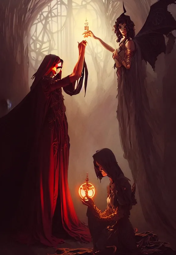 Image similar to occultist witch conjuring a demon, fantasy magic, dark light night, intricate, elegant, sharp focus, illustration, highly detailed, digital painting, concept art, matte, art by wlop and artgerm and greg rutkowski and alphonse mucha, masterpiece