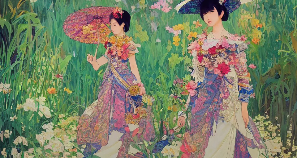 Prompt: oil painting, long shot, beautiful floralpunk thai girl illustration walking in a park, detailed patterns art of thai traditional dress, flower pop art, floral splash painting, art by makoto shinkai, ghibbli, alphonse mucha, dark shadow