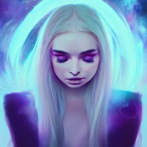 Image similar to an epic cinematic ethereal portrait made of stardust of kim petras with her eyes closed as part of the fabric of the universe and existence, galaxies, stars, nebulas, artstation trending, cgsociety, instagram