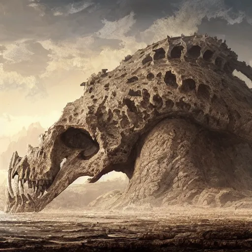 Prompt: crumbling skull of a colossal ancient beast laying in a dried ocean, by Andreas Rocha + Ted Nasmith, dark, epic, masterpiece, highly detailed, 8k resolution, trending on art station