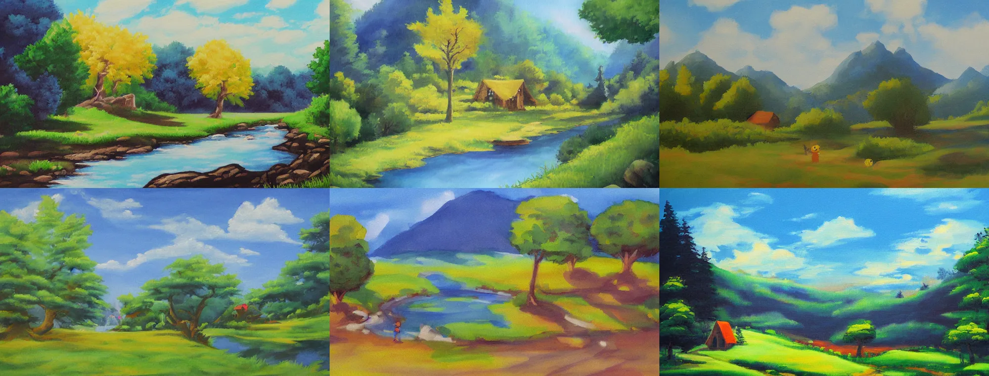 Prompt: Peaceful landscape painting in the style of Pokemon