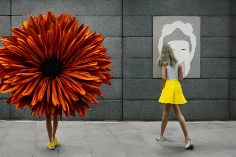 Image similar to giant flower head, girl walking in hotel, surreal, symmetry, flat space, fanciful, stark colours, detailed, wes anderson