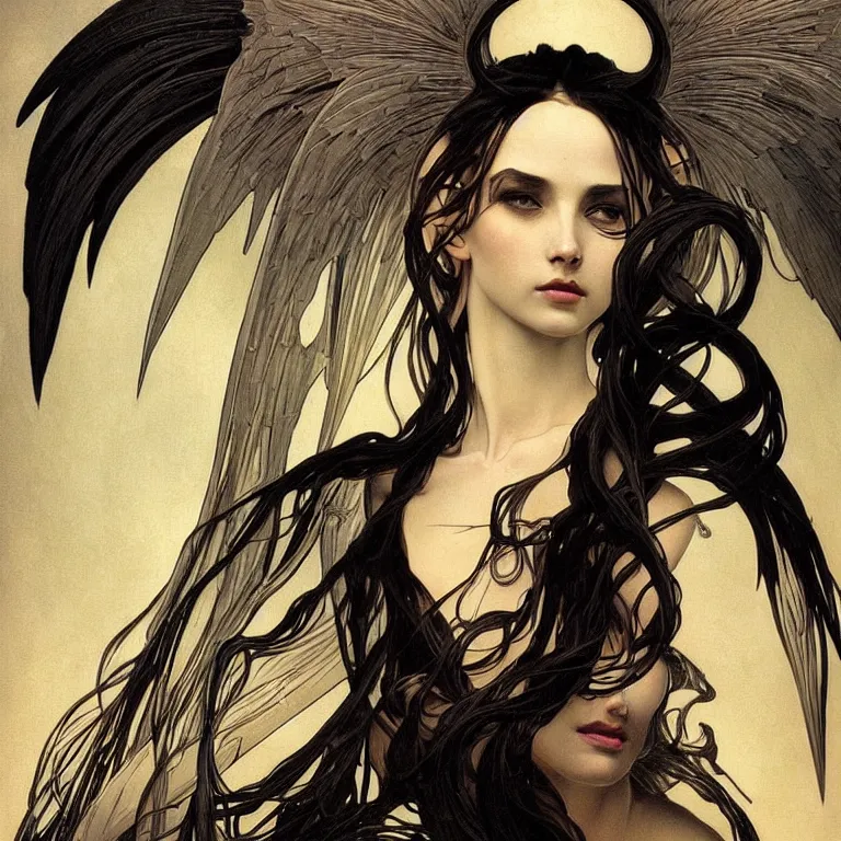 Image similar to a beautiful portrait of a beautiful! angel in black flames!! by ross tran!!! and alphonse mucha and greg rutkowski! and gustav dore! and zdzisław beksinski!, in style of digital art illustration. symmetry. highly detailed face. fantasy, smooth, hyper detailed, sharp focus, soft light. trending on artstation. 4 k