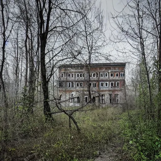 Image similar to an abandoned hospital overgrown and reclaimed by nature, Russian abandoned hospital