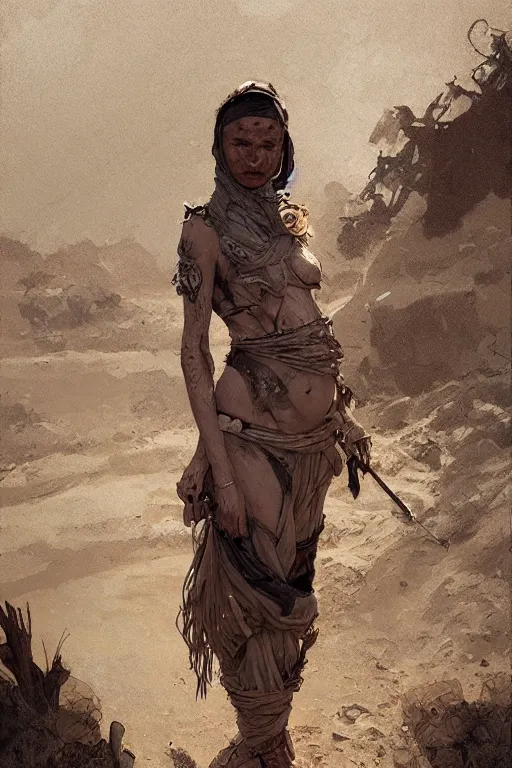 Image similar to a full body portrait of a beautiful post apocalyptic offworld desert bedouin blind barbarian leper laying by the roadside, intricate, elegant, highly detailed, digital painting, artstation, concept art, smooth, sharp focus, illustration, art by krenz cushart and artem demura and alphonse mucha